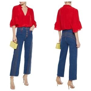 NEW ALICE+OLIVIA Rainbow Stitch Denim Jeans SZ 29 High Rise Designer Pride Boho